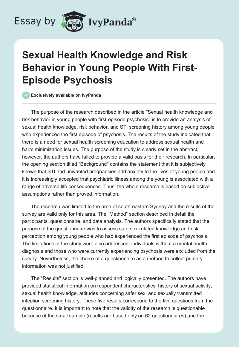 Sexual Health Knowledge and Risk Behavior in Young People With First-Episode Psychosis. Page 1