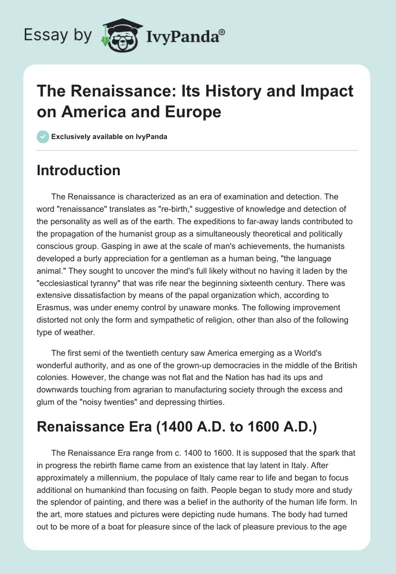 The Renaissance: Its History and Impact on America and Europe. Page 1