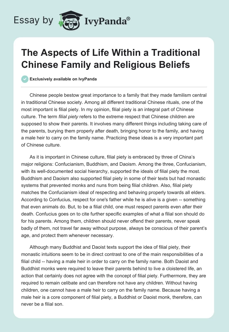 The Aspects of Life Within a Traditional Chinese Family and Religious Beliefs. Page 1