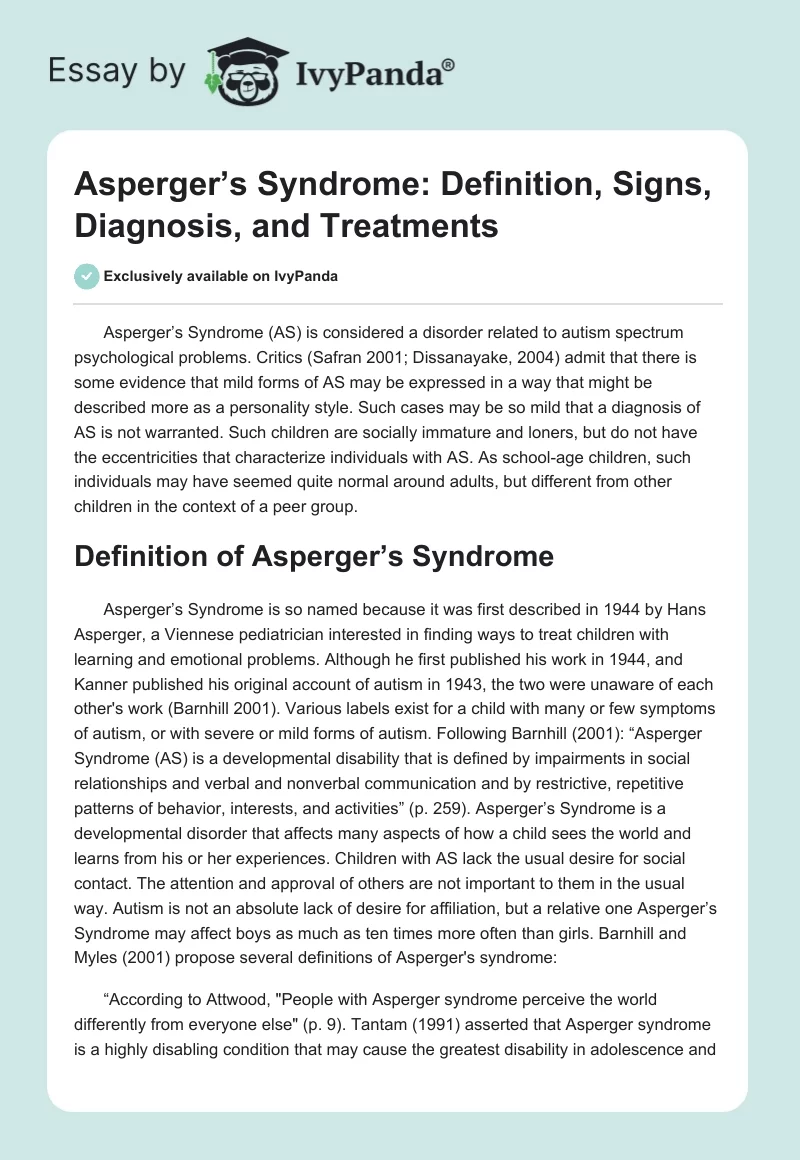Asperger’s Syndrome: Definition, Signs, Diagnosis, and Treatments. Page 1