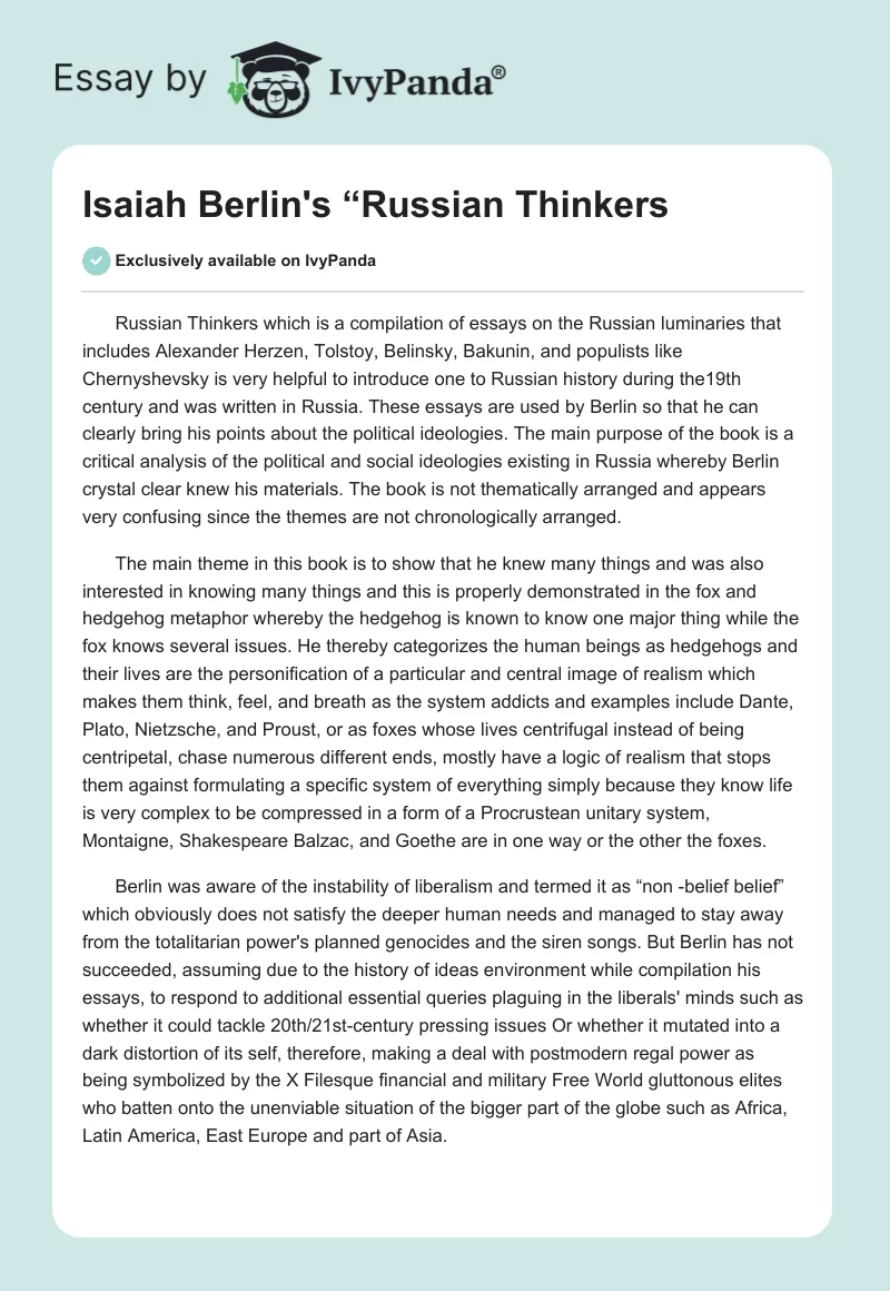 Isaiah Berlin's “Russian Thinkers". Page 1