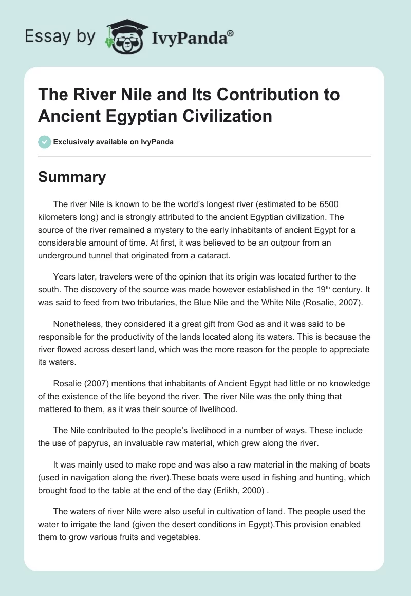 The River Nile and Its Contribution to Ancient Egyptian Civilization. Page 1