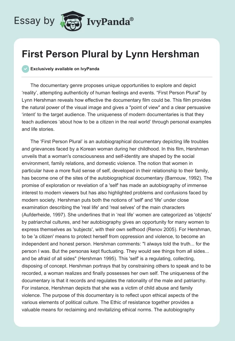 "First Person Plural" by Lynn Hershman. Page 1