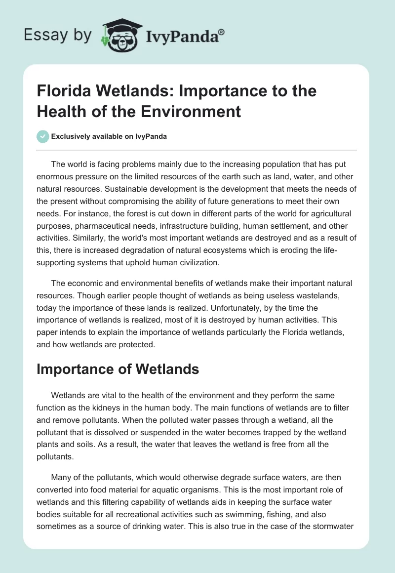 Florida Wetlands: Importance to the Health of the Environment. Page 1