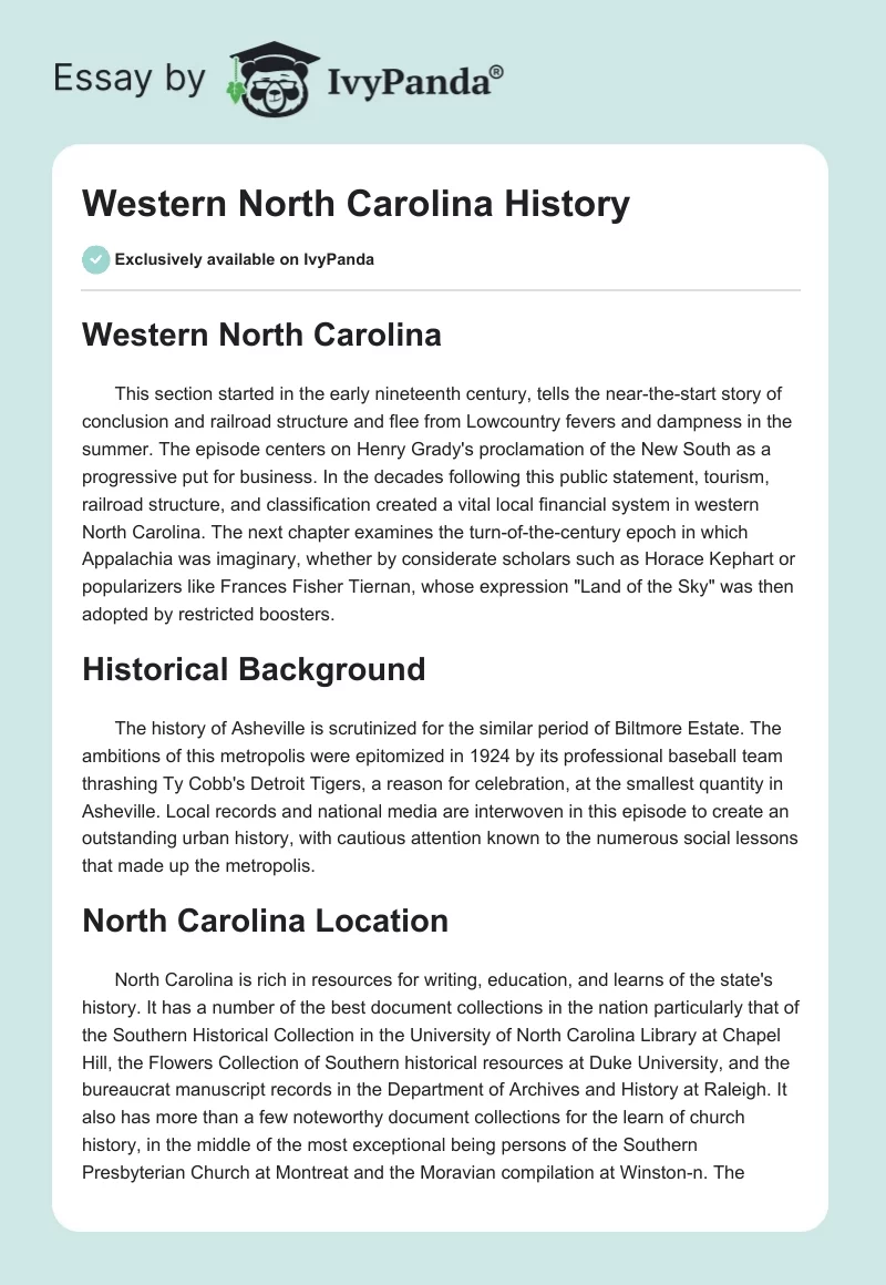 Western North Carolina History. Page 1