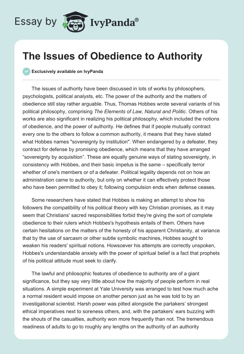 The Issues of Obedience to Authority. Page 1
