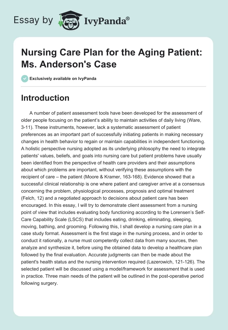 Nursing Care Plan for the Aging Patient: Ms. Anderson's Case. Page 1