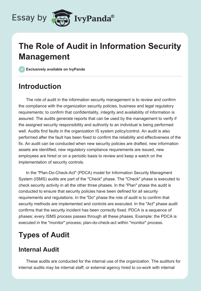 The Role of Audit in Information Security Management. Page 1
