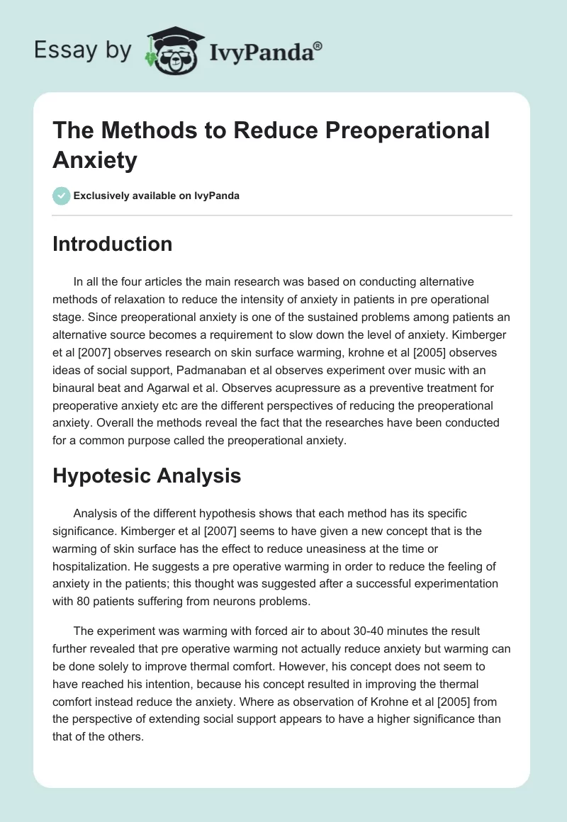 The Methods to Reduce Preoperational Anxiety. Page 1