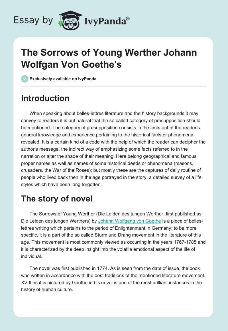 The Sorrows of Young Werther Johann Wolfgan Von Goethe's. Page 1