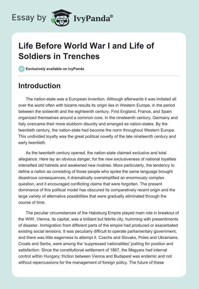 Life Before World War I and Life of Soldiers in Trenches. Page 1