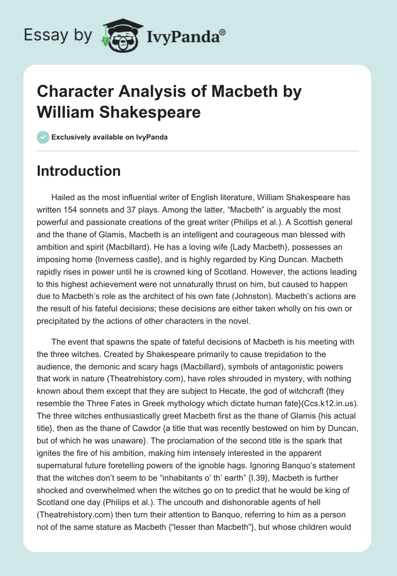 character analysis of macbeth by william shakespeare page1