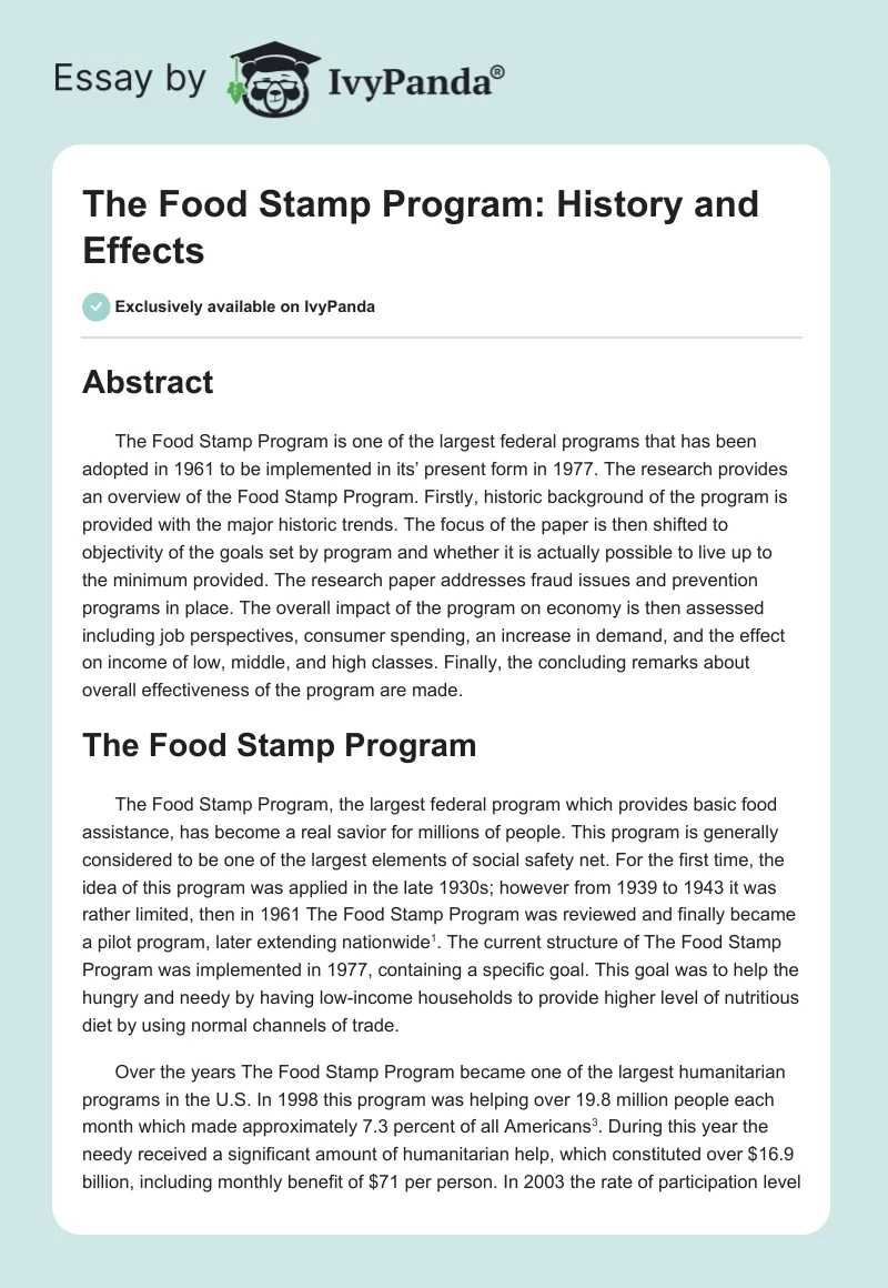 The Food Stamp Program: History and Effects. Page 1