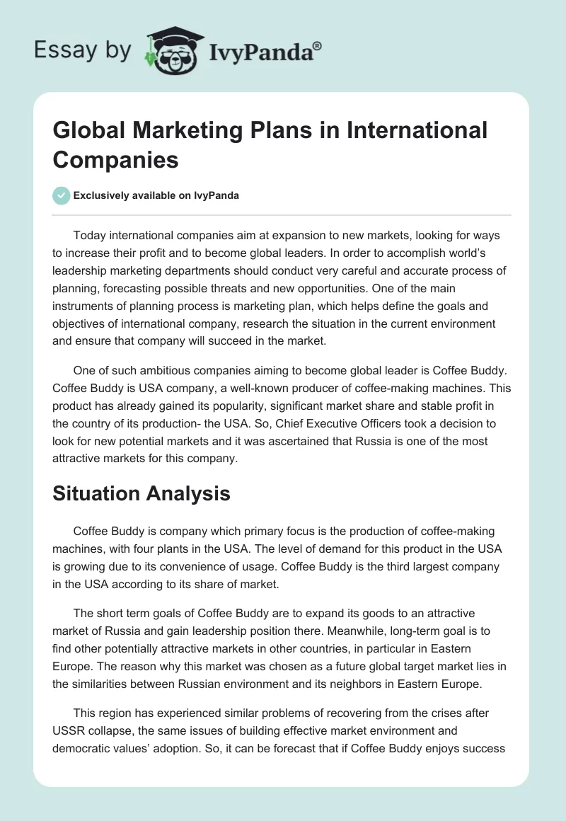 Global Marketing Plans in International Companies. Page 1