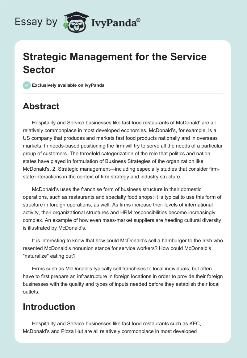 Strategic Management for the Service Sector. Page 1