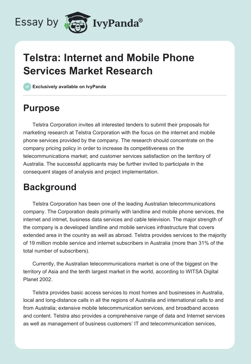 Telstra: Internet and Mobile Phone Services Market Research. Page 1