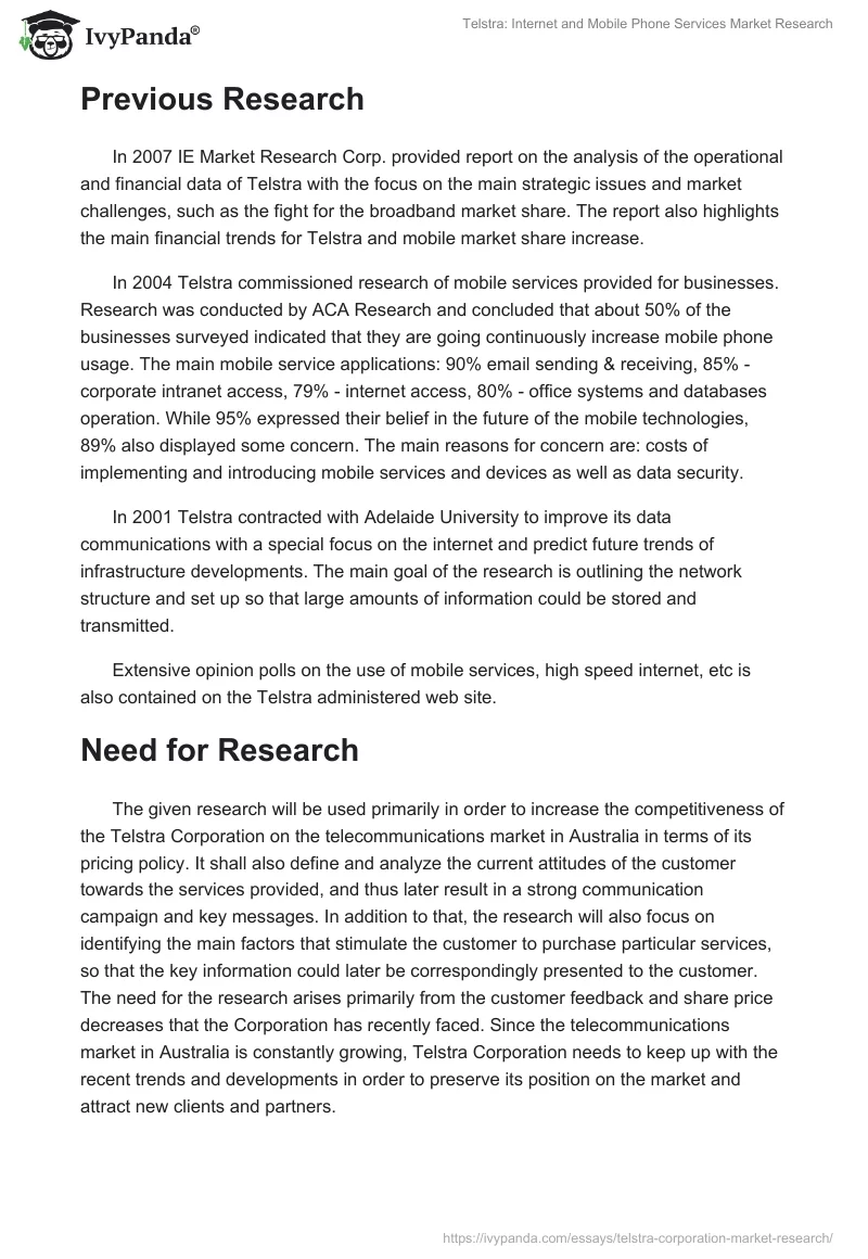 Telstra: Internet and Mobile Phone Services Market Research. Page 3