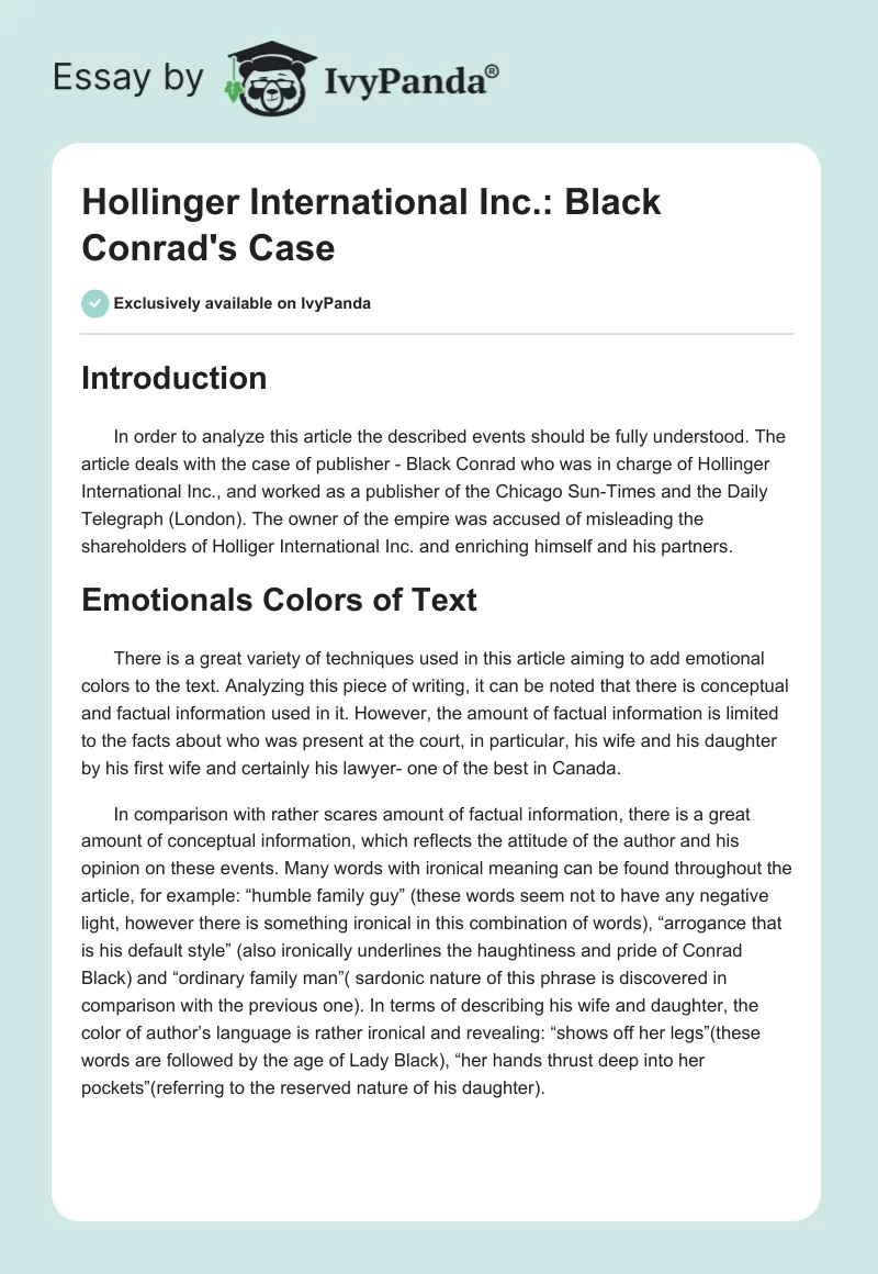 Hollinger International Inc.: Black Conrad's Case. Page 1