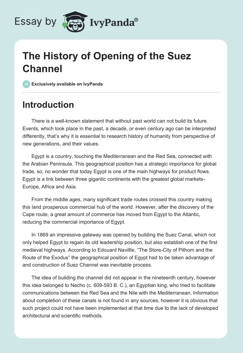 The History of Opening of the Suez Channel. Page 1