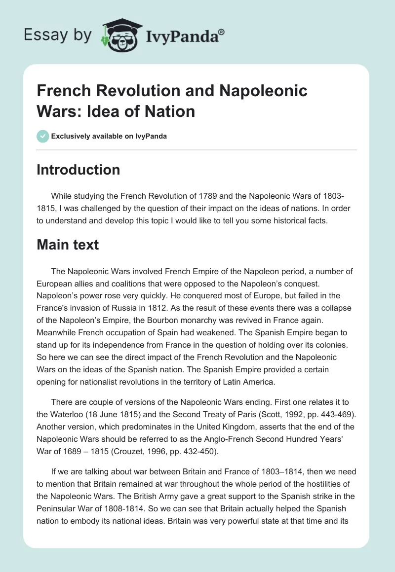 French Revolution and Napoleonic Wars: Idea of Nation. Page 1