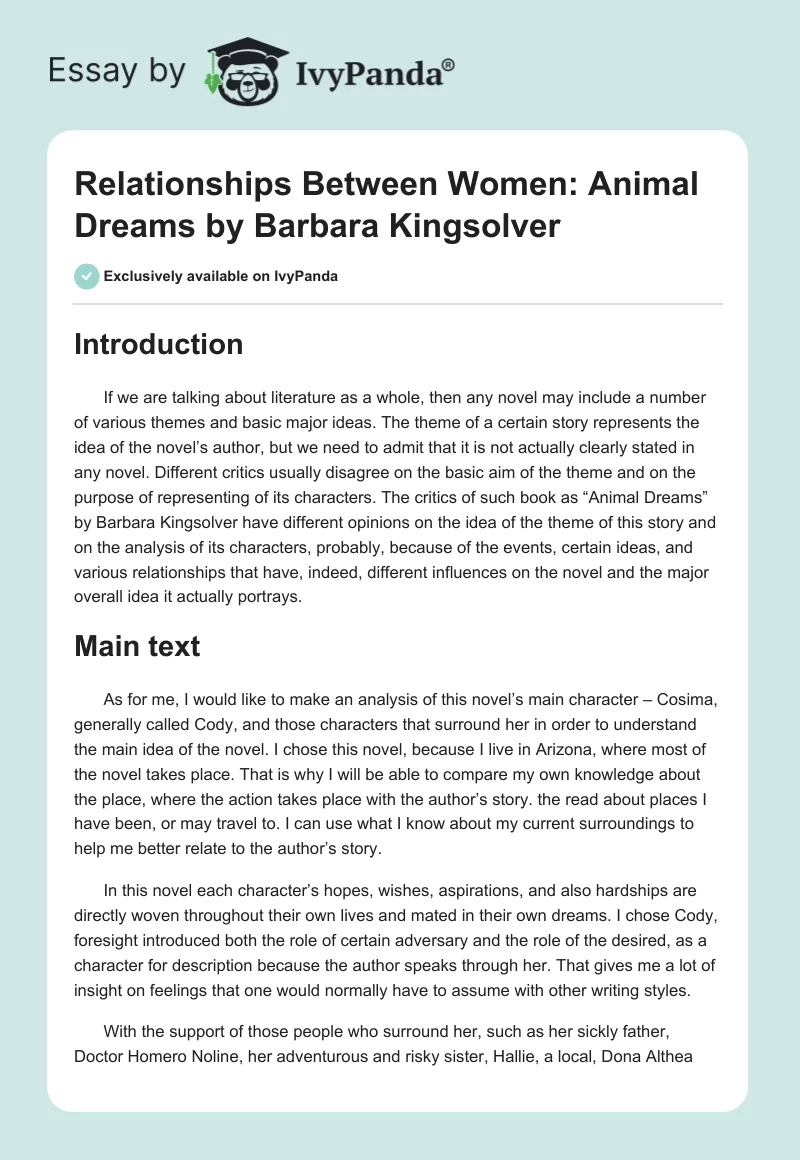 Relationships Between Women: "Animal Dreams" by Barbara Kingsolver. Page 1