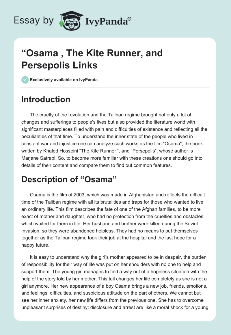 “Osama" , The Kite Runner, and Persepolis Links. Page 1