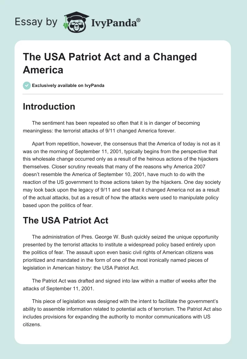 The USA Patriot Act and a Changed America. Page 1
