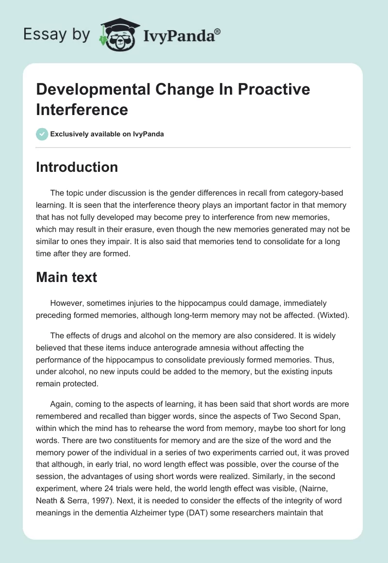 Developmental Change In Proactive Interference. Page 1
