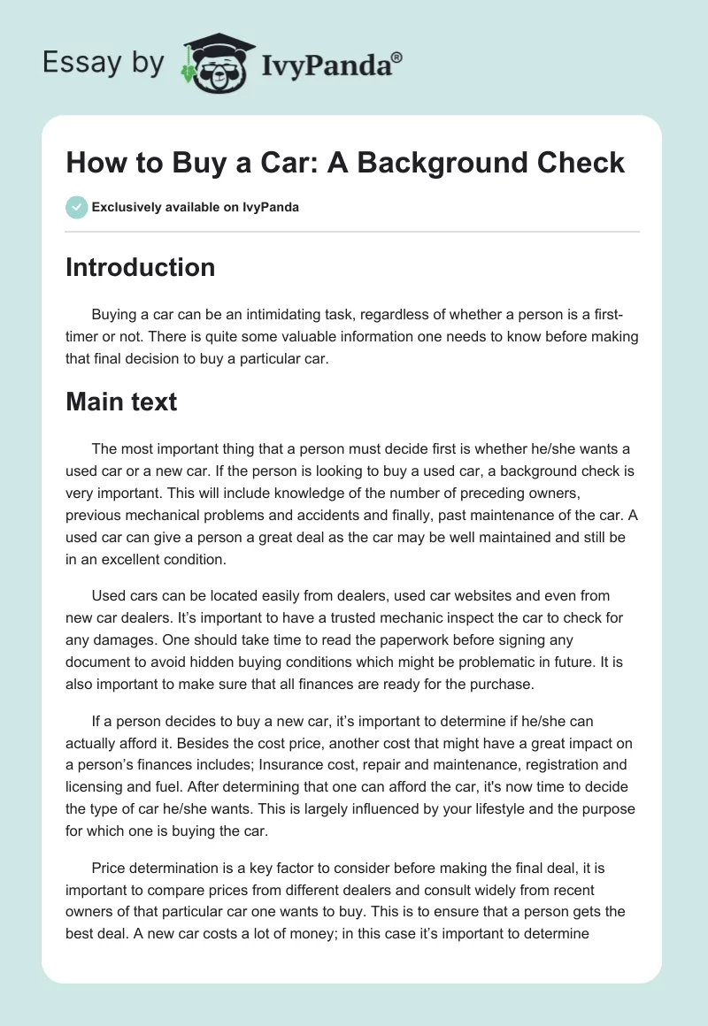 How to Buy a Car: A Background Check. Page 1