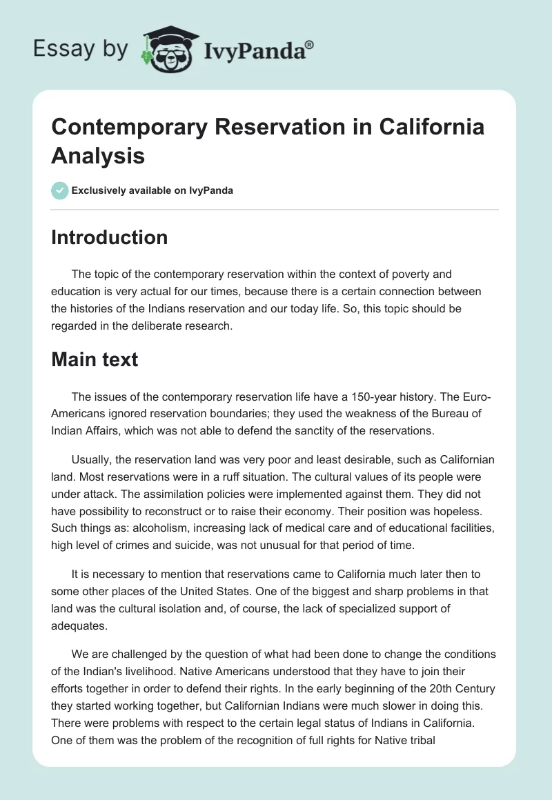 Contemporary Reservation in California Analysis. Page 1