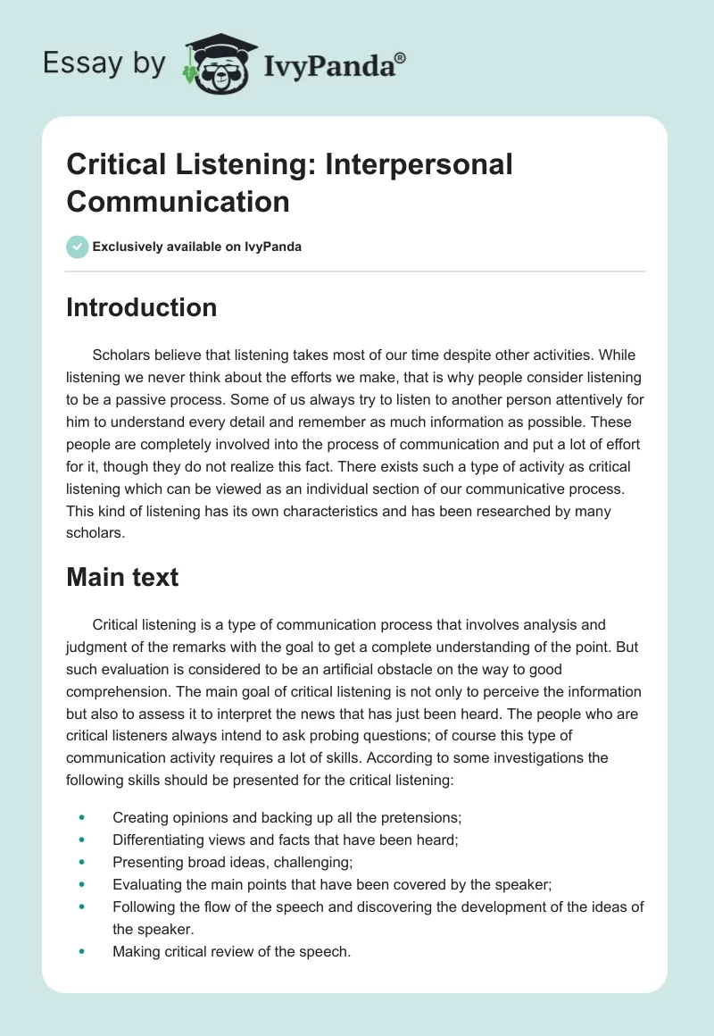 Critical Listening: Interpersonal Communication. Page 1