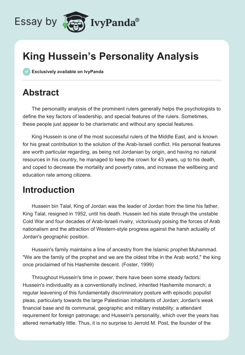 King Hussein’s Personality Analysis. Page 1