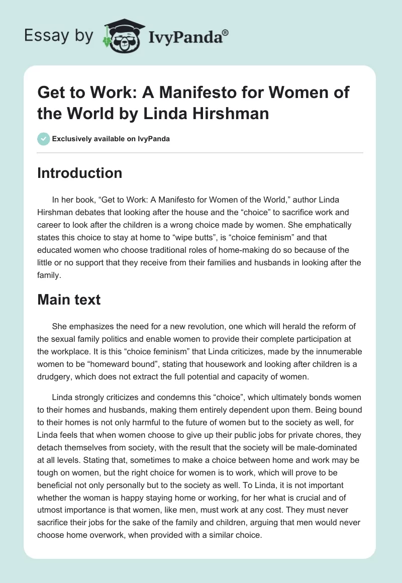 "Get to Work: A Manifesto for Women of the World" by Linda Hirshman. Page 1