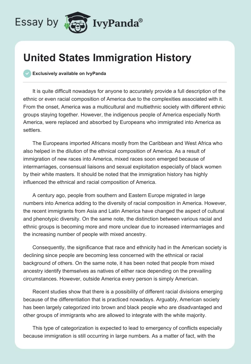 United States Immigration History. Page 1