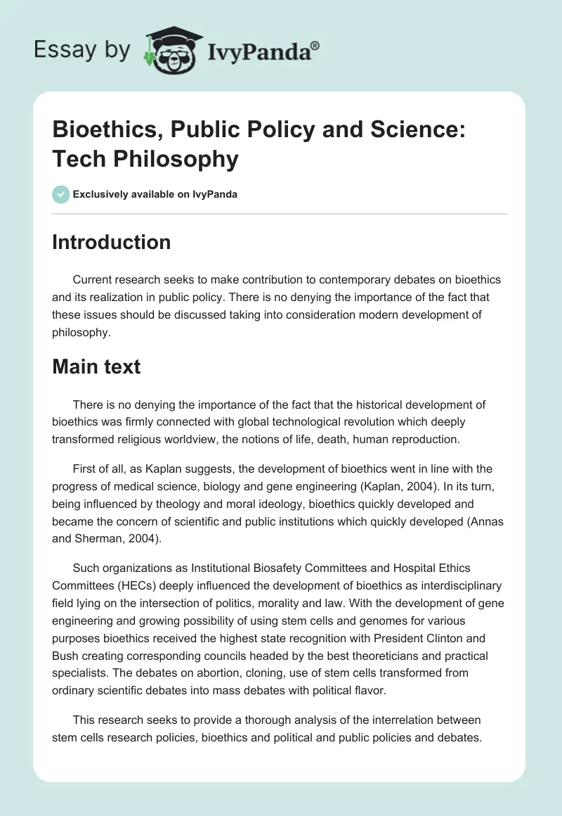 Bioethics, Public Policy and Science: Tech Philosophy. Page 1