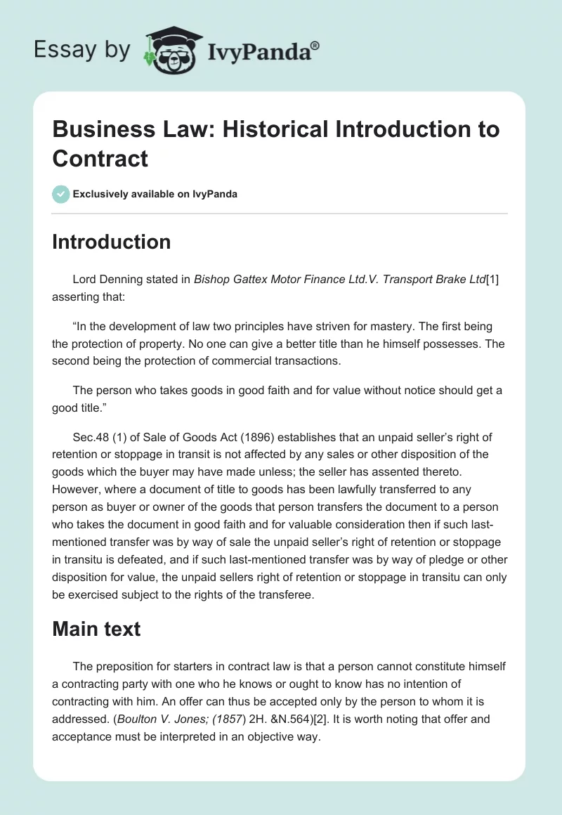 Business Law: Historical Introduction to Contract. Page 1