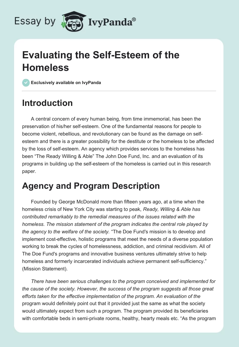 Evaluating the Self-Esteem of the Homeless. Page 1