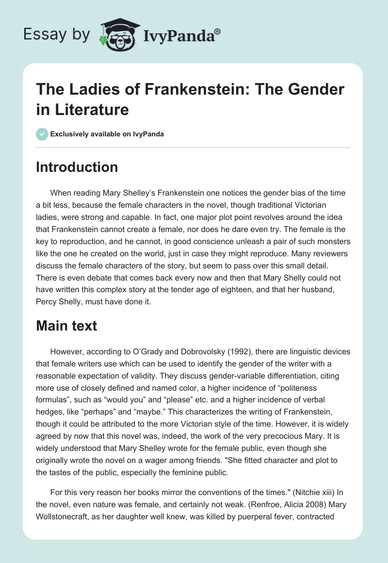The Ladies of Frankenstein: The Gender in Literature. Page 1