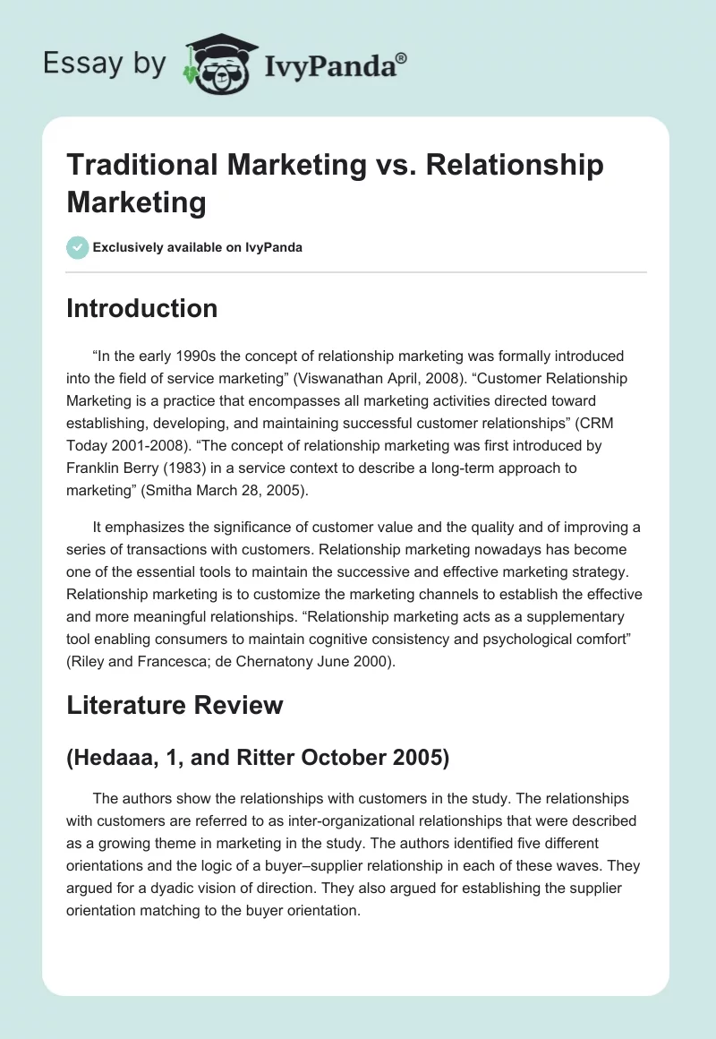 Traditional Marketing vs. Relationship Marketing. Page 1