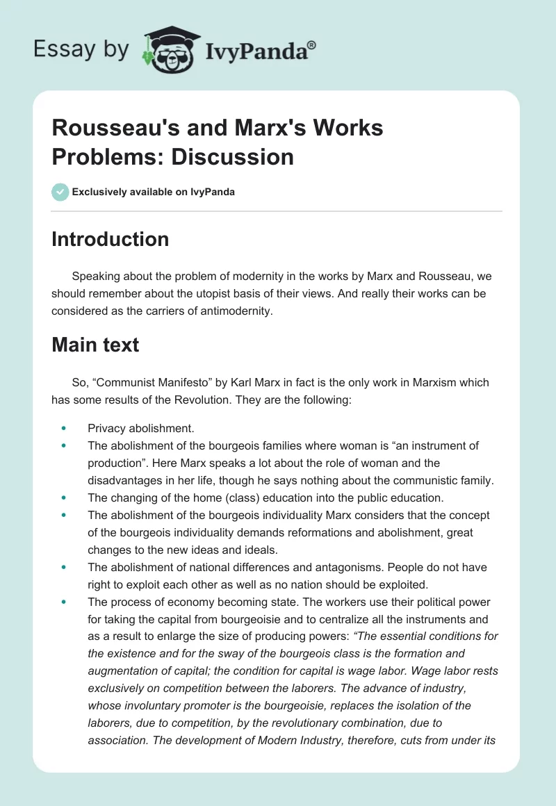 Rousseau's and Marx's Works Problems: Discussion. Page 1