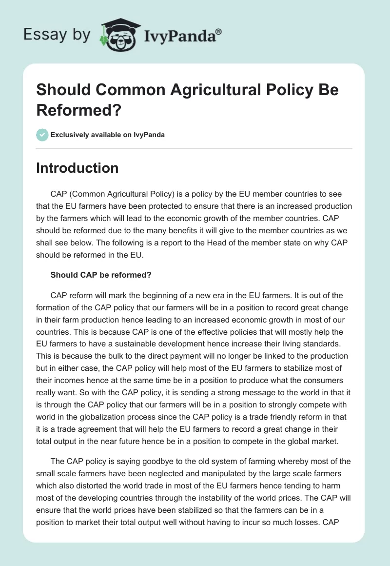 Should Common Agricultural Policy Be Reformed?. Page 1