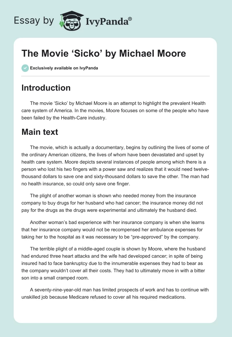 The Movie ‘Sicko’ by Michael Moore. Page 1