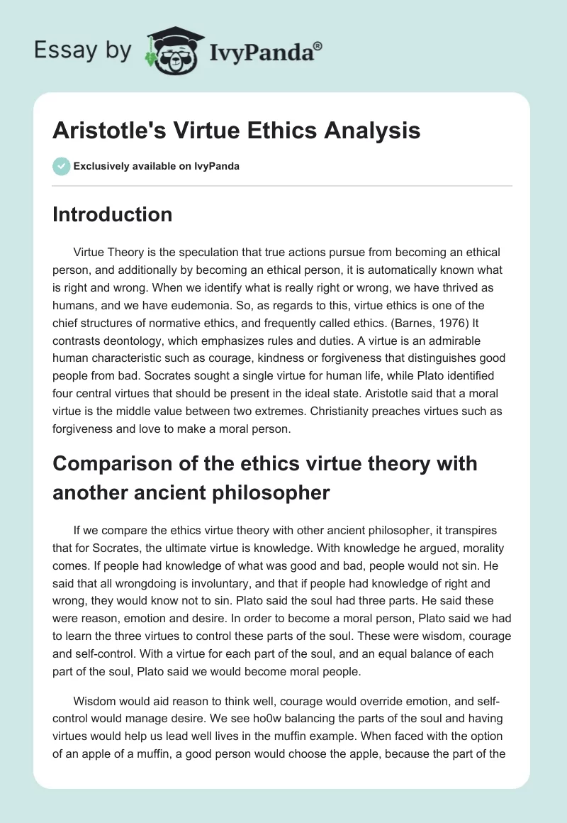 Aristotle's Virtue Ethics Analysis. Page 1