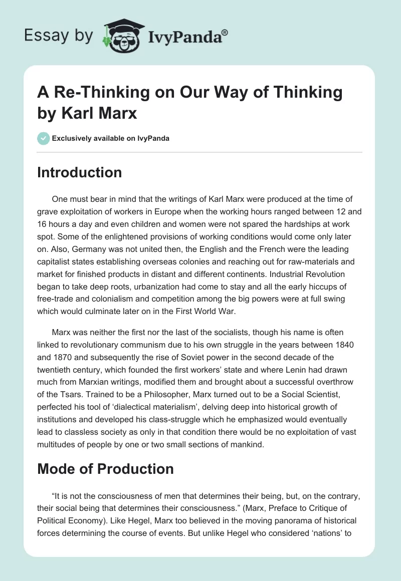 A Re-Thinking on Our Way of Thinking by Karl Marx. Page 1