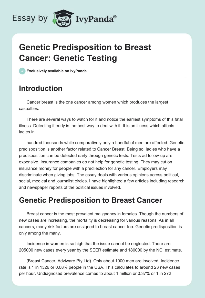 Genetic Predisposition to Breast Cancer: Genetic Testing. Page 1