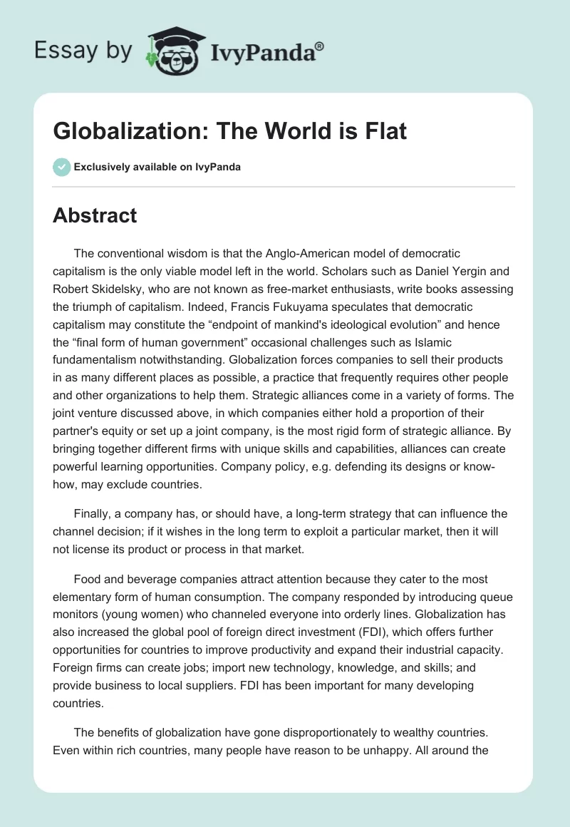 Globalization. The World is Flat - 5377 Words | Research Paper Example