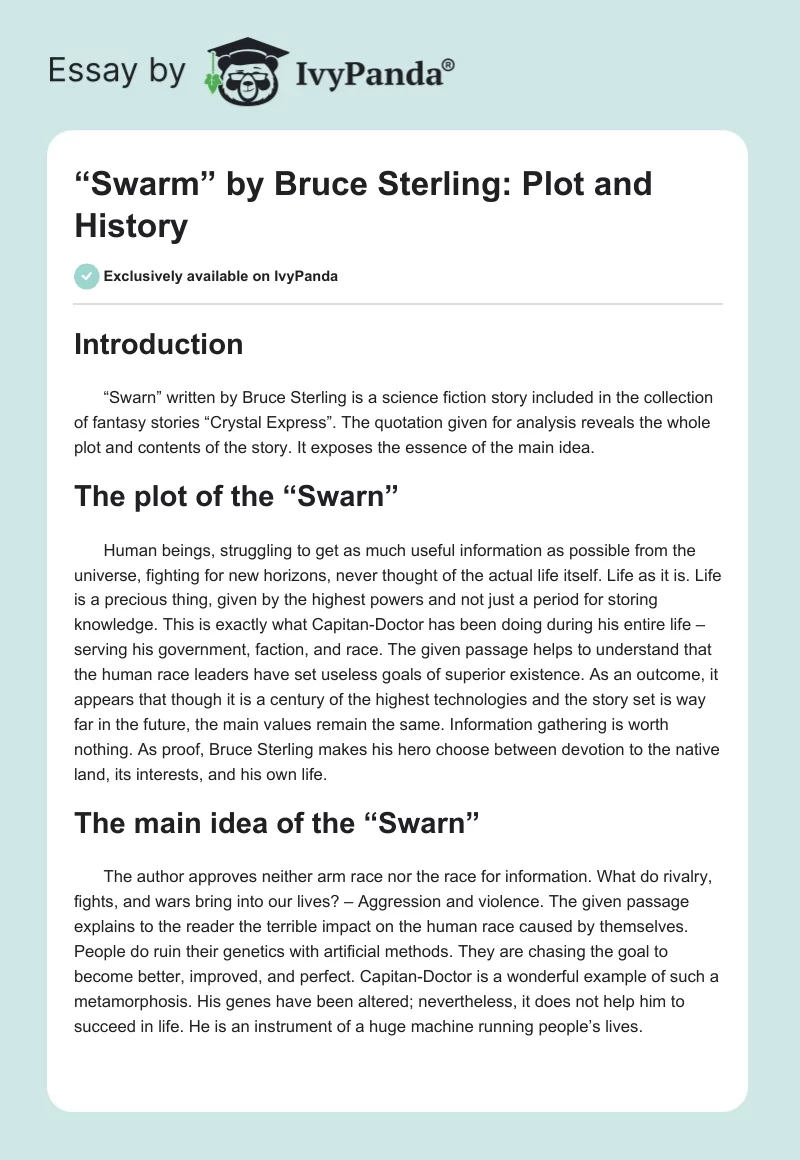 “Swarm” by Bruce Sterling: Plot and History. Page 1
