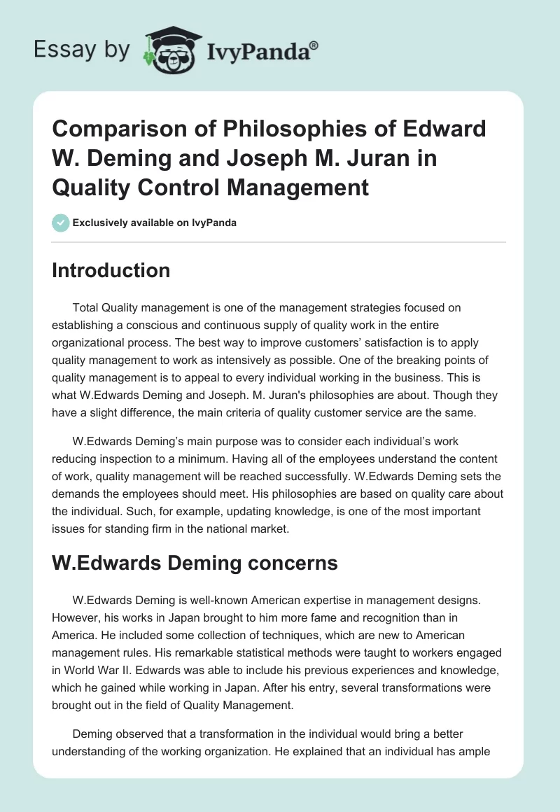 Comparison of Philosophies of Edward W. Deming and Joseph M. Juran in Quality Control Management. Page 1