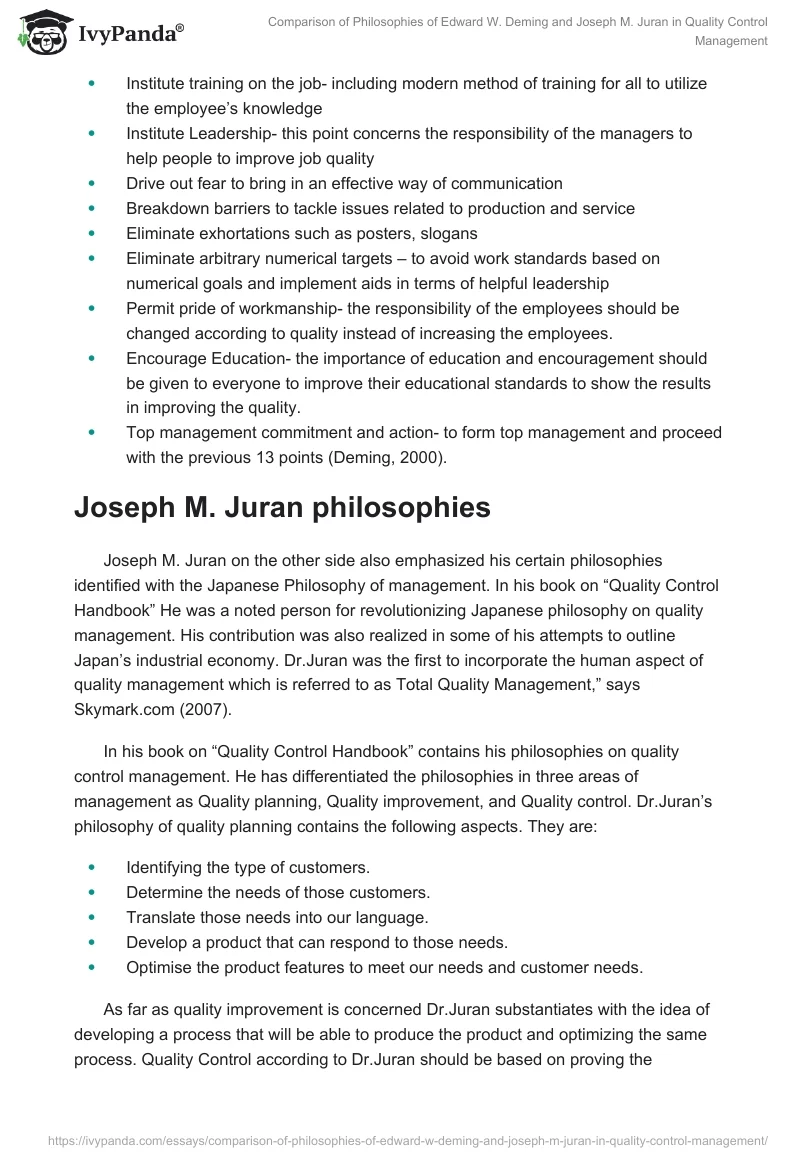 Comparison of Philosophies of Edward W. Deming and Joseph M. Juran in Quality Control Management. Page 3
