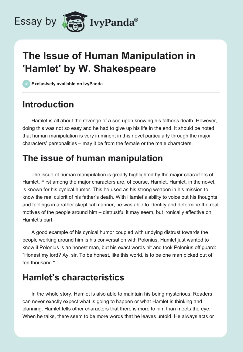 The Issue of Human Manipulation in 'Hamlet' by W. Shakespeare. Page 1